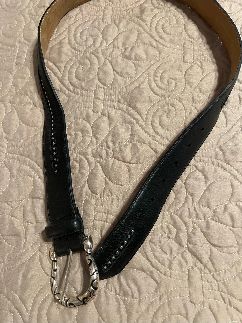 BRIGHTON MENS Black Leather Western style Belt Decorative Silver-Tone sz 34